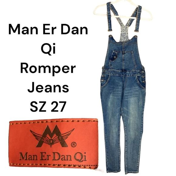 Man Er  Dan Qi Pants - Romper for woman’s dark blue distressed